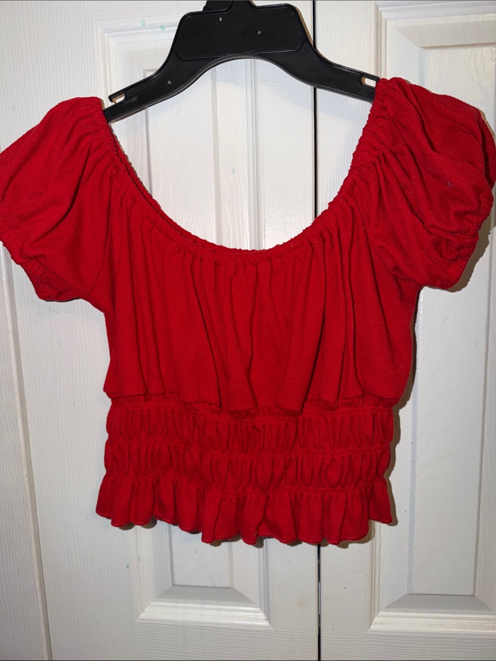 ICON Red Smocked Peplum Crop Top with Puff Sleeves